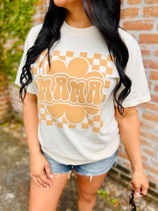 Mama Retro Checkered Flower Puff Tee