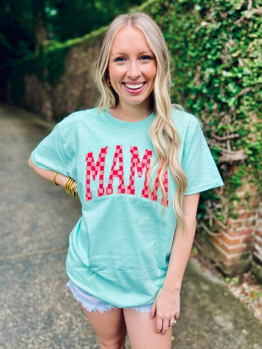 Mama Pink and Red Checkered Applique Tee