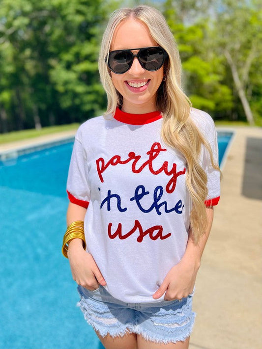 Party In The USA Glitter Ringer Tee