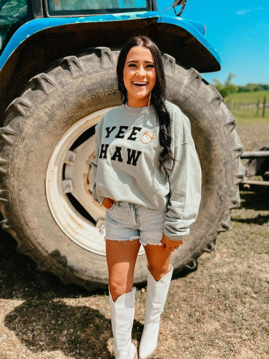 Yee Haw Tan Happy Cowboy Chenille Patch Sweatshirt