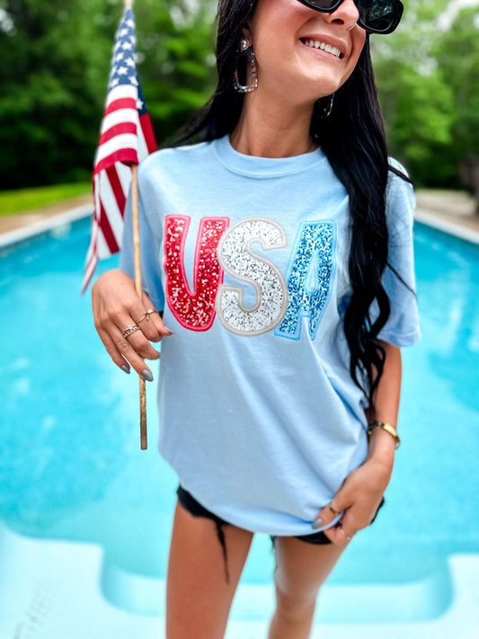 USA Faux Patriotic Sequin DTF Tee