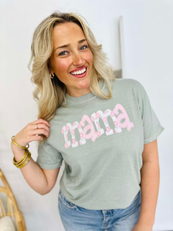 Mama Floral Faux Embroidered Letters DTF Tee