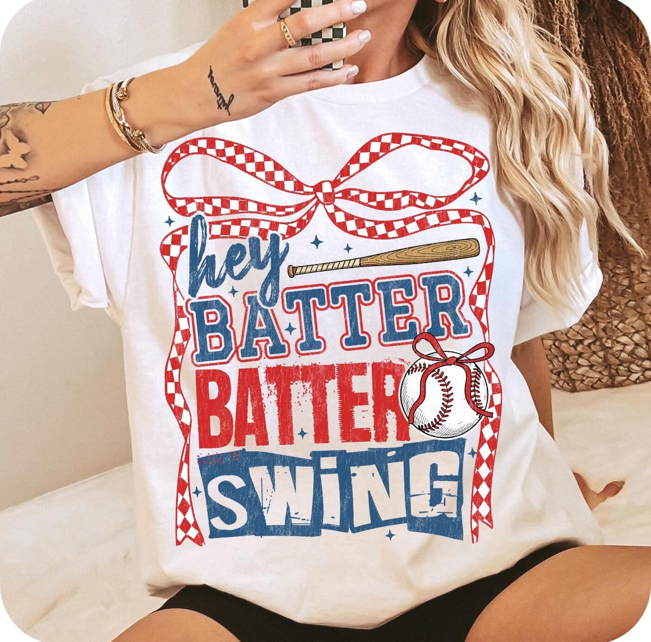 Hey Batter Batter Swing Gingham Bow DTF Tee