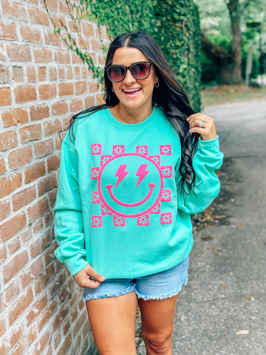 Happy Lightning Floral Checkered Puff Sweatshirt