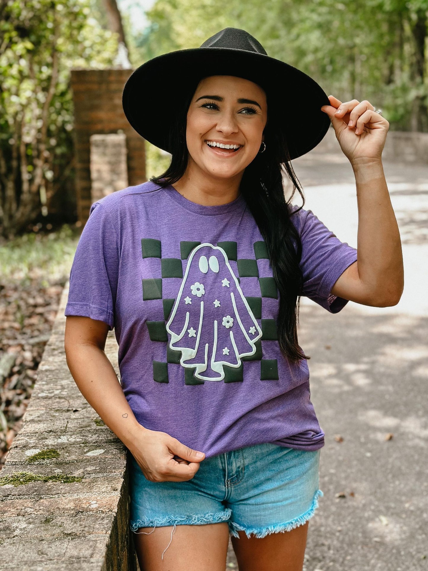 Checkered Floral Ghost Outline Puff Tee