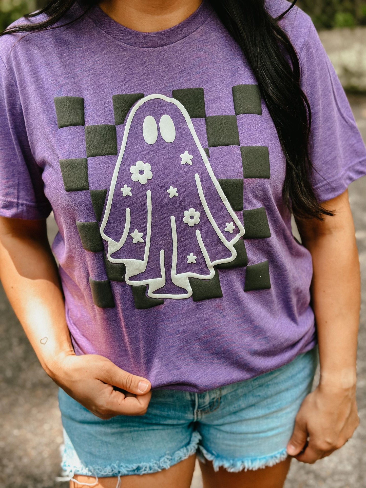 Checkered Floral Ghost Outline Puff Tee