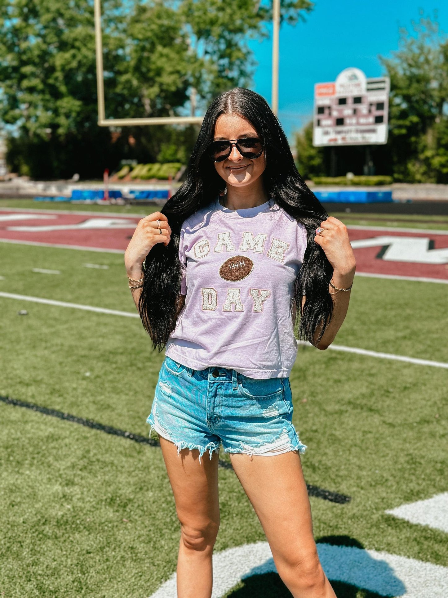 Game Day Football Rose Gold Chenille Patch Midi Cropped Tee