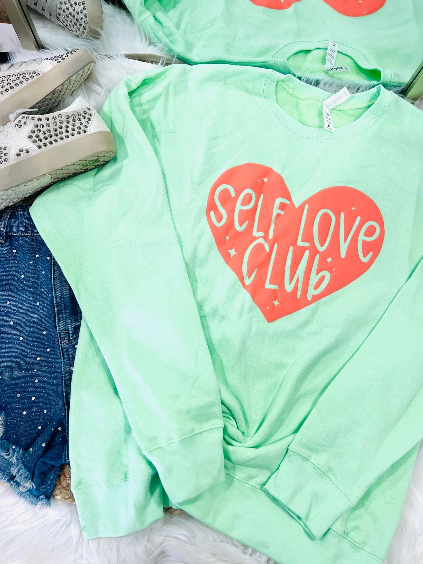 Self Love Club Sparkly Heart Puff Sweatshirt