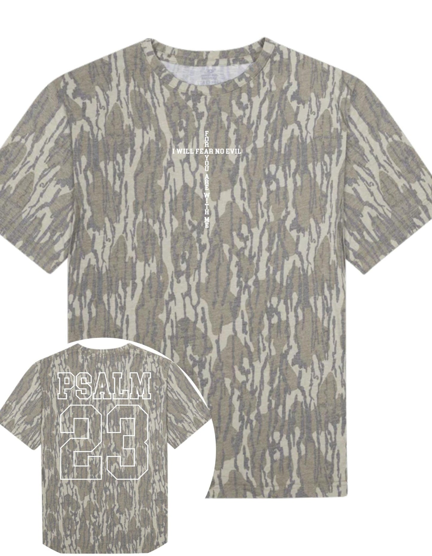 Bottomland Camouflage t-shirt with 'Psalm 28' DTF on a white background