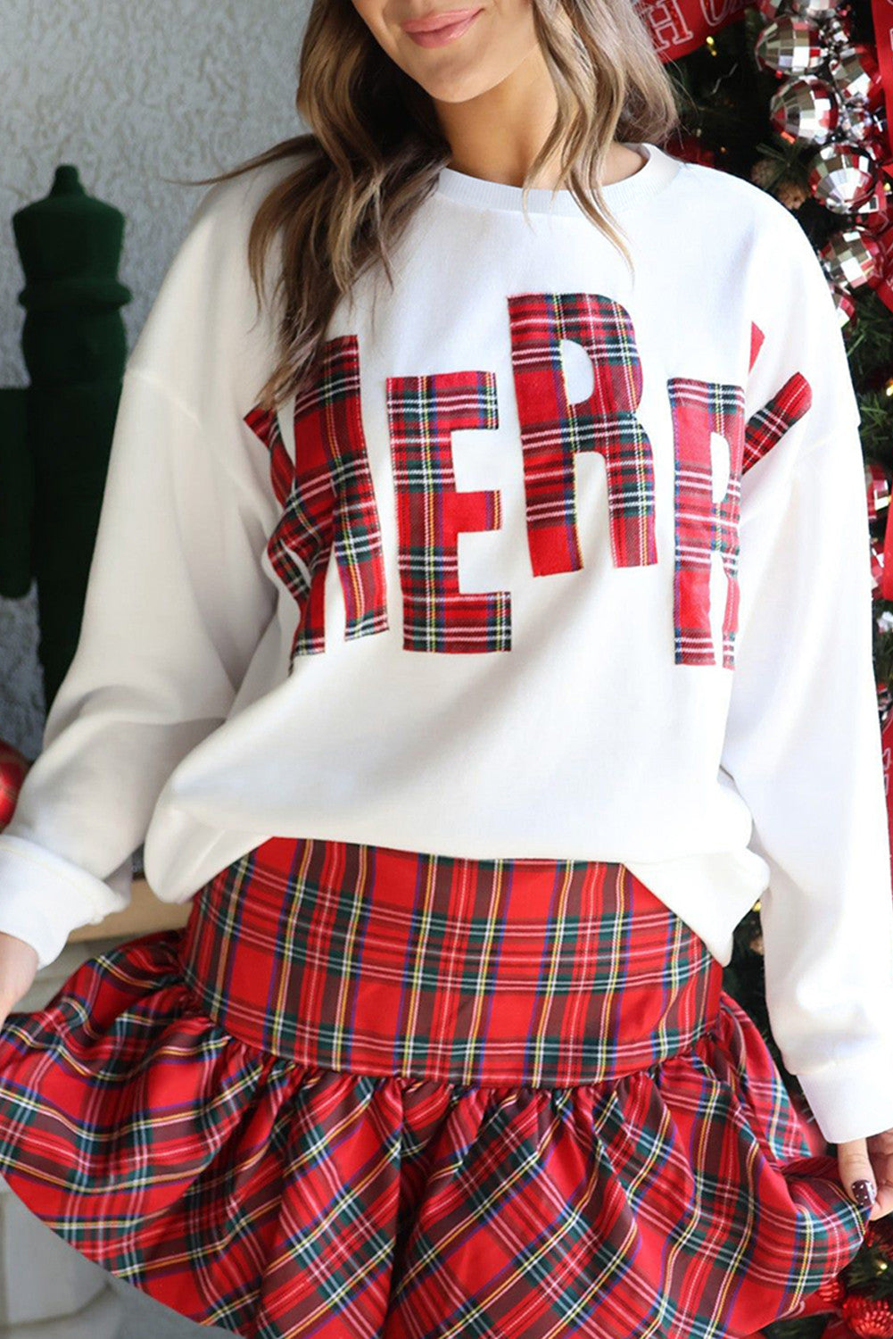 White Plaid Merry Sweatshirt RTS