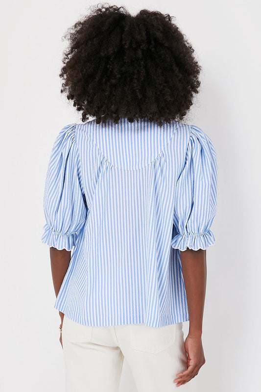 Blue Stripe Ruffle Collar Blouse RTS