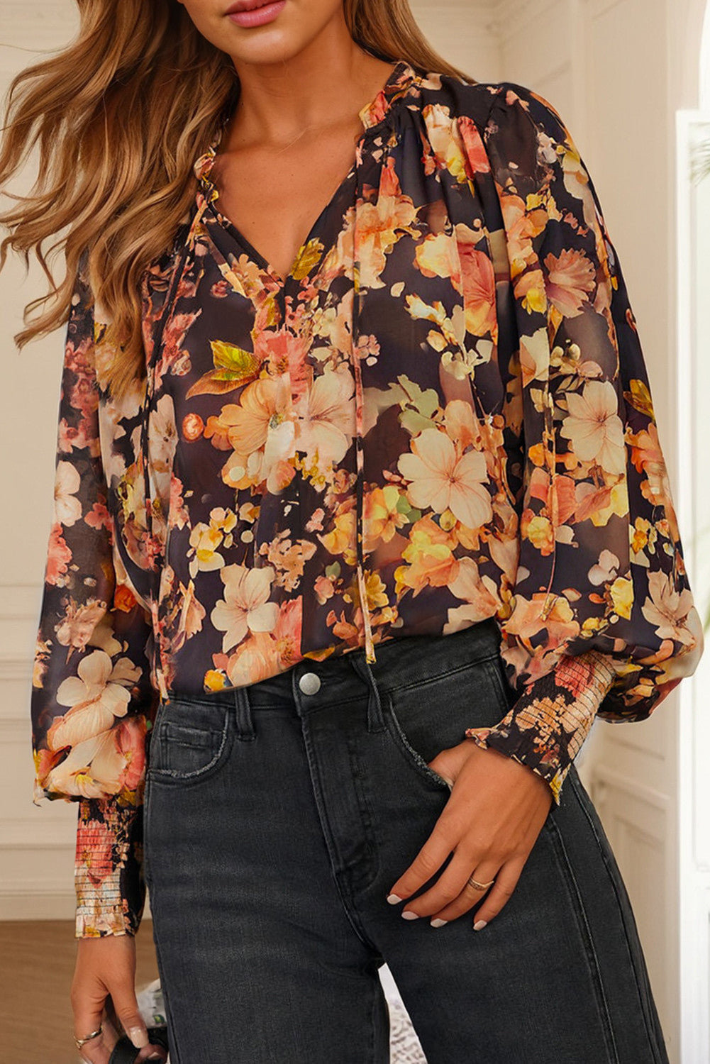Black Floral Puff Blouse RTS