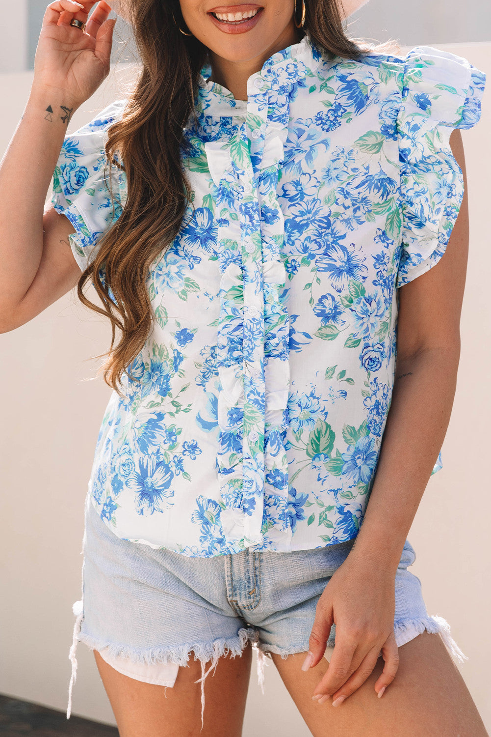 Blue Floral Frilly Button Shirt February.