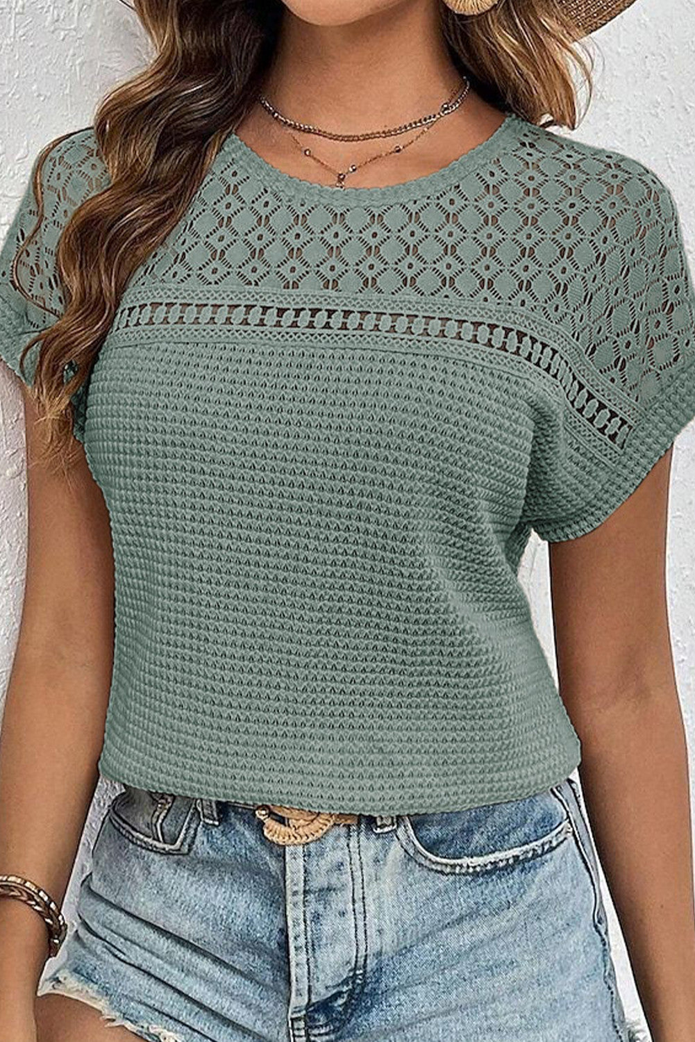 Green Lace Patchwork Waffle Top February.