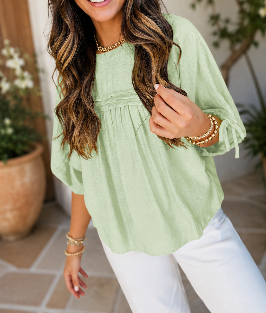 Green Tie Pleated Blouse