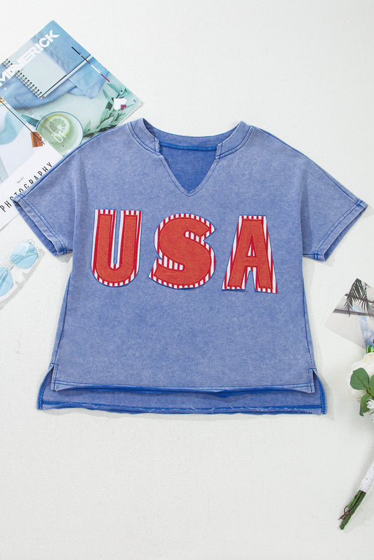 Blue Mineral Wash USA Patch V Neck Tee RTS