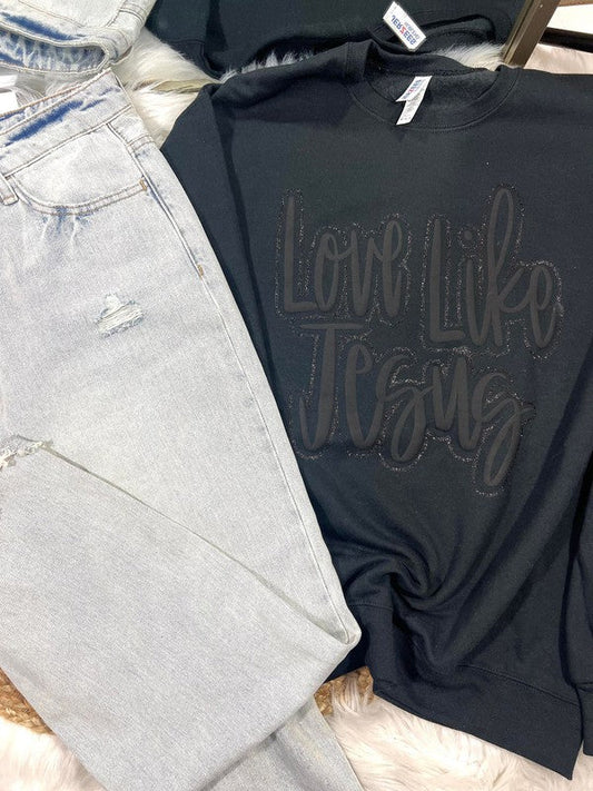 Black puff and glitter vinyl graphic tee with the text 'LOVE LIKE JESUS' printed on the front.
