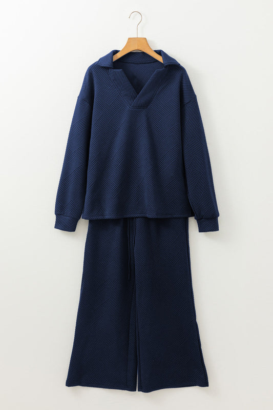 Blue Textured V Neck Set October.