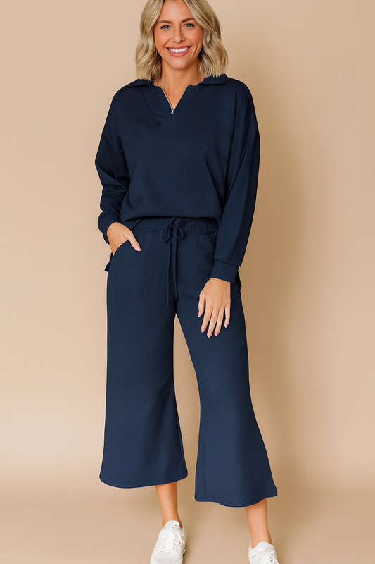 Blue Textured V Neck Set October.