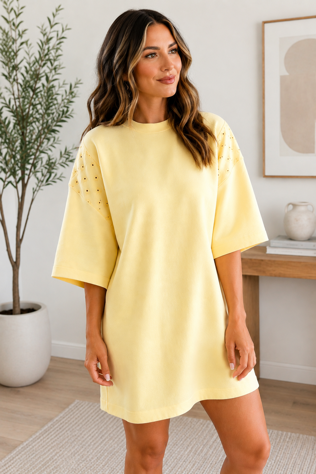 Yellow Eyelet Embroidered Shirt Dress RTS