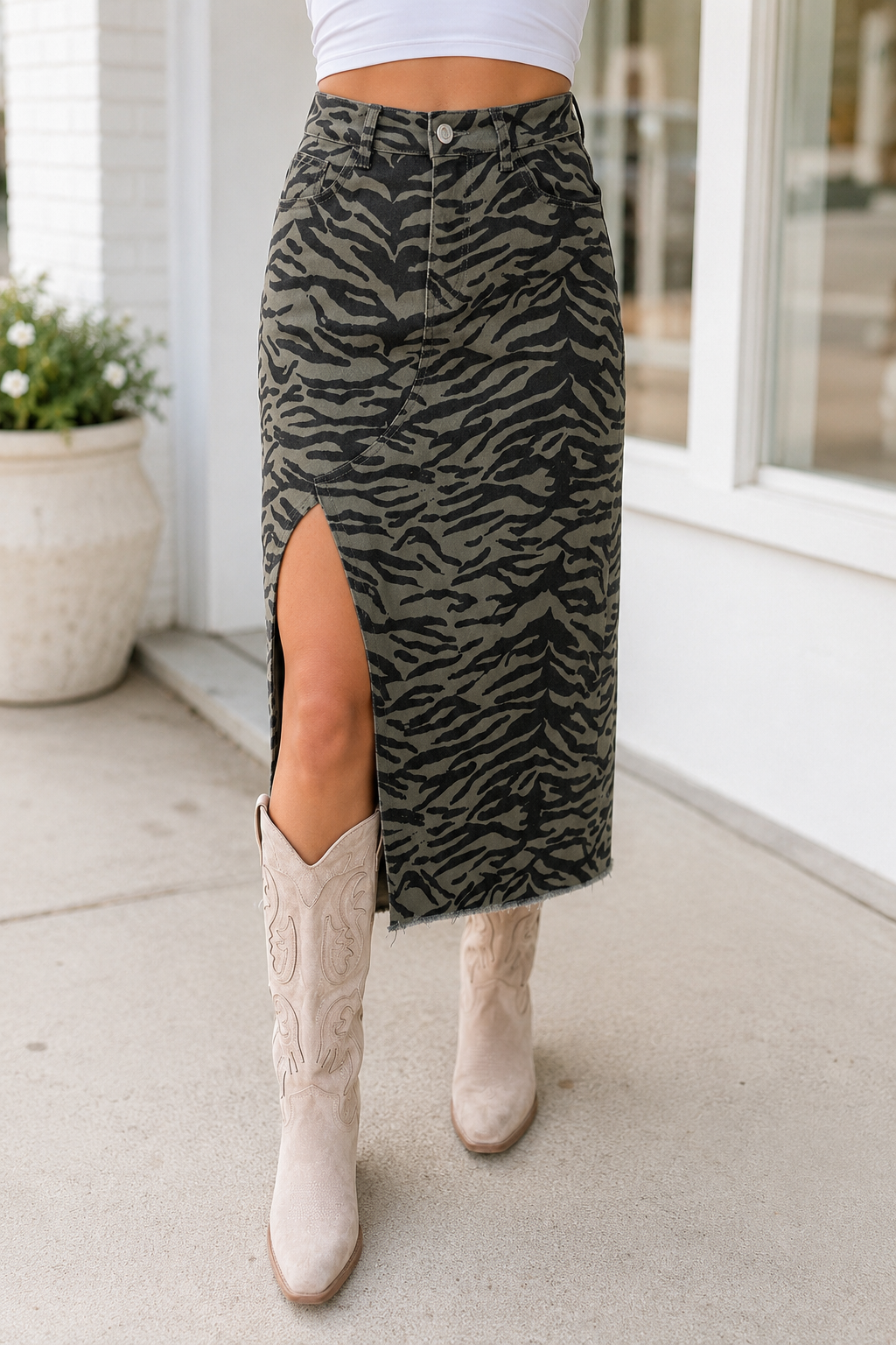 Patterned Denim Split Skirt RTS