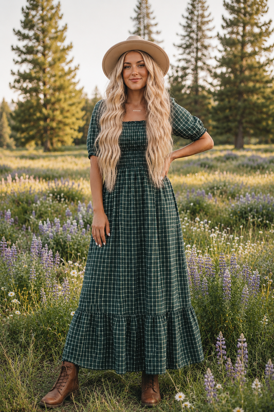 Green Plaid Ruffle Dress RTS