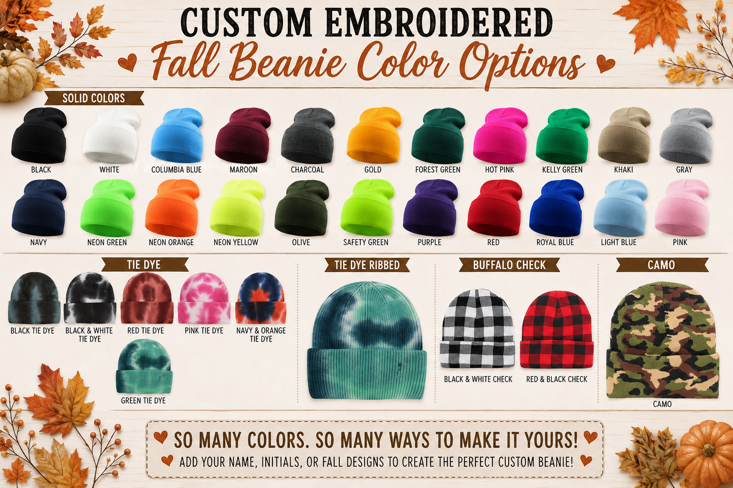 Preorder: Fully Customizable Embroidered Fall Beanies
