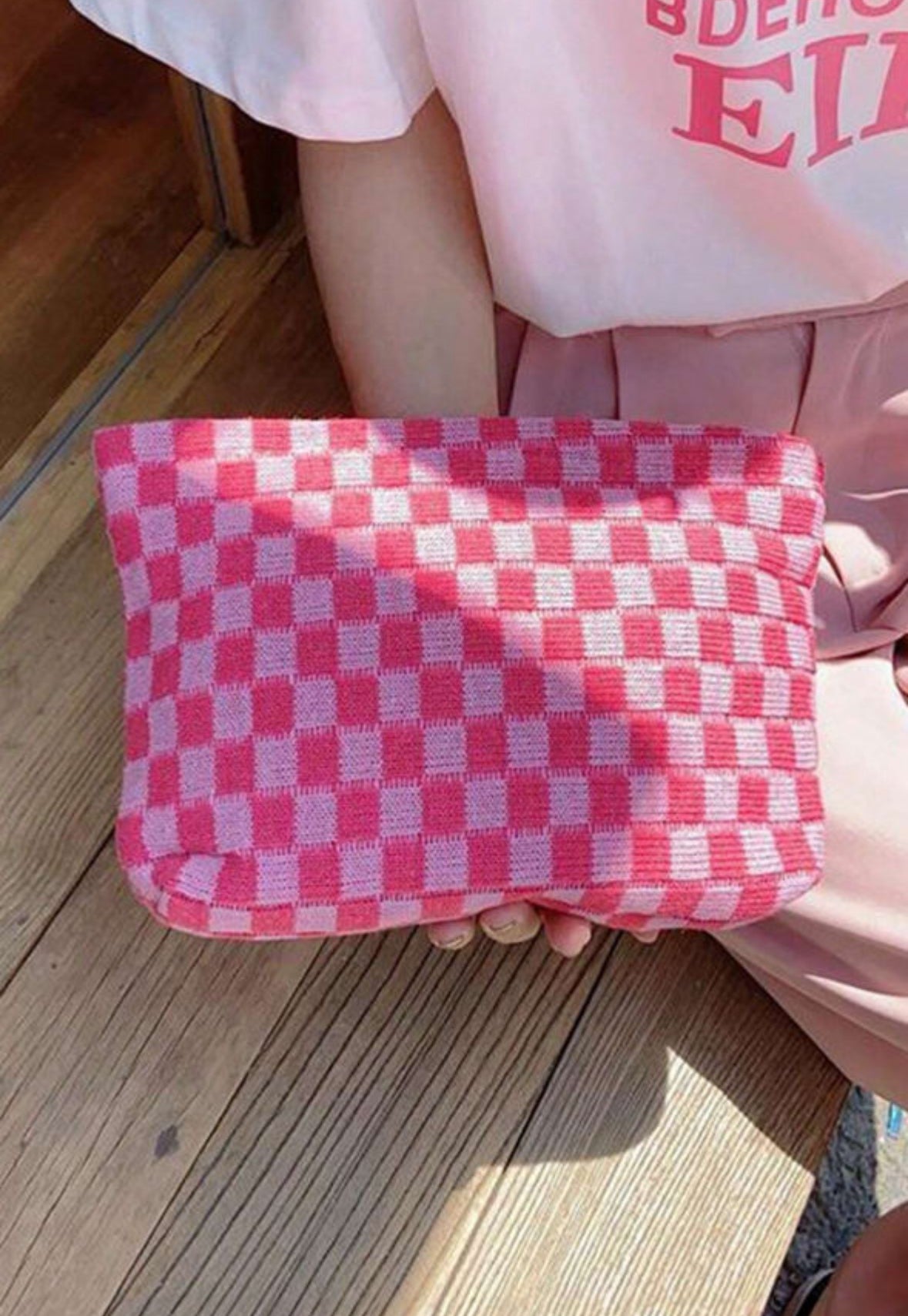 Pink Checkered Cosmetic Bag RTS