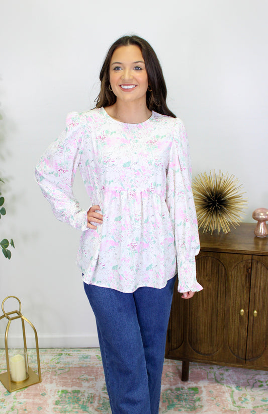 White Floral Babydoll Blouse RTS