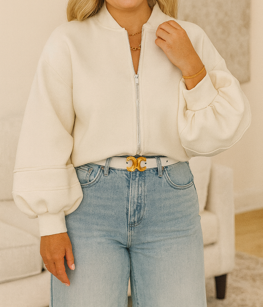 White Zip Up Knit Puff Jacket October.