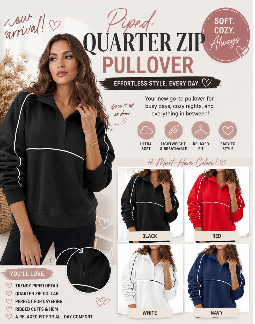 PREORDER: Piped Quarter Zip Pullover  7.20.26